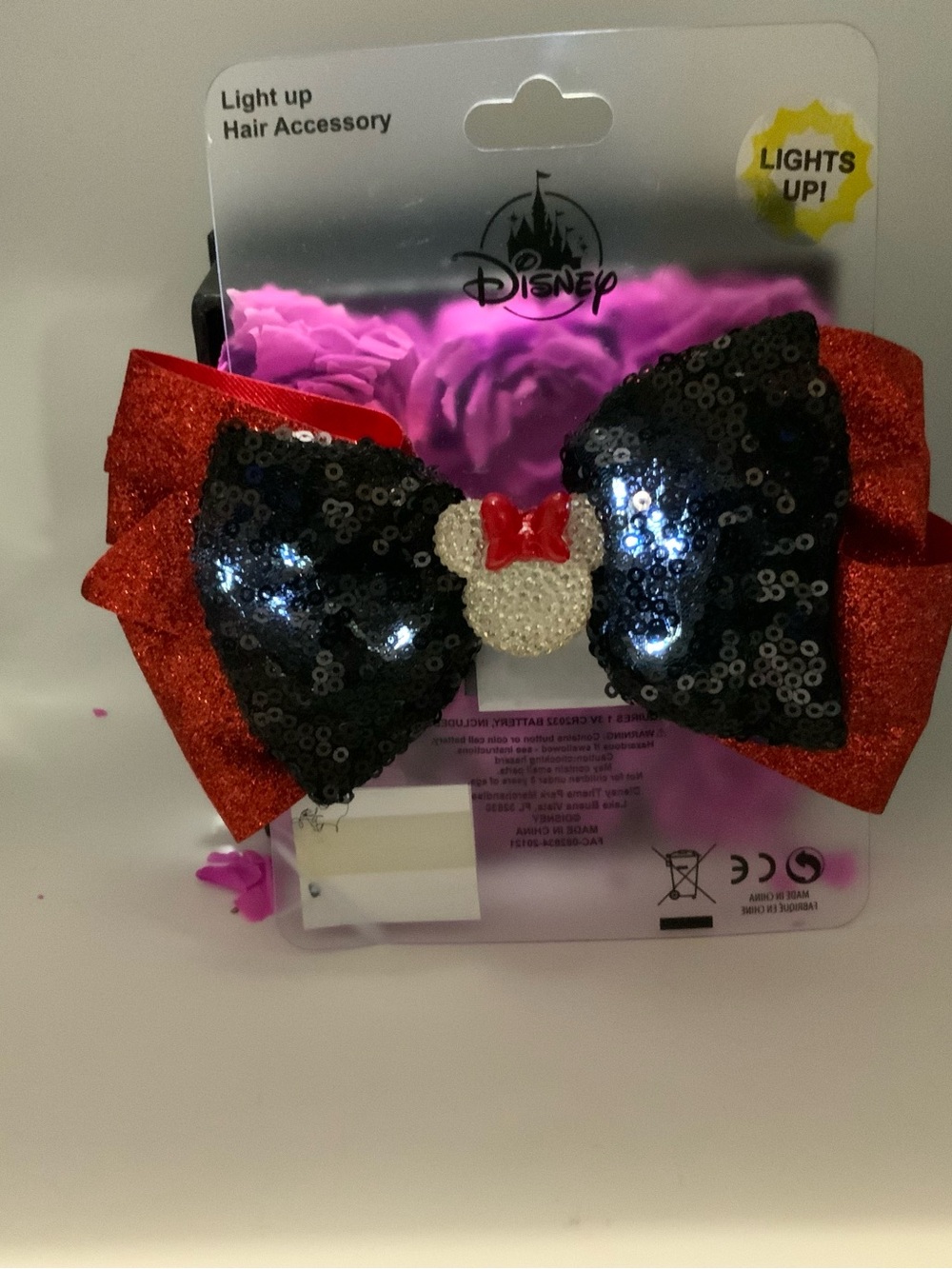 Disney Parks Light-Up Sequin Minnie Bow Clip - Black, Red, White